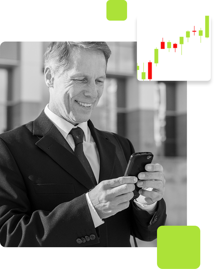Manage Your Portfolio Anytime, Anywhere Smiling businessman checking phone with chart