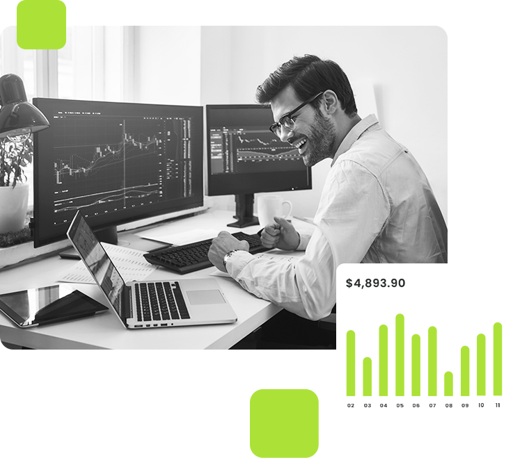 Learning Stock Market Strategies in Training Environment Trader working with laptop and chart in classroom setting
