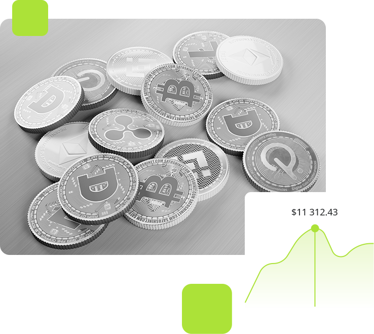 Coins on a surface with performance graph overlay