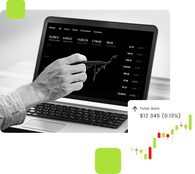 Analyzing Stock Trends on Trading Platform Trader pointing at chart on laptop screen