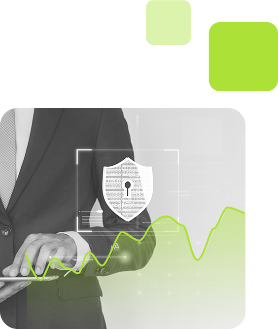 Advanced Trading Security: Safeguarding Data and Access Businessman using a tablet with a digital shield and keyhole icon overlay, representing secure trading operations and data encryption.