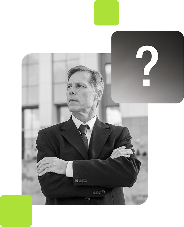 Got Questions? Find Your Answers in the FAQ Confident businessman with question mark icon