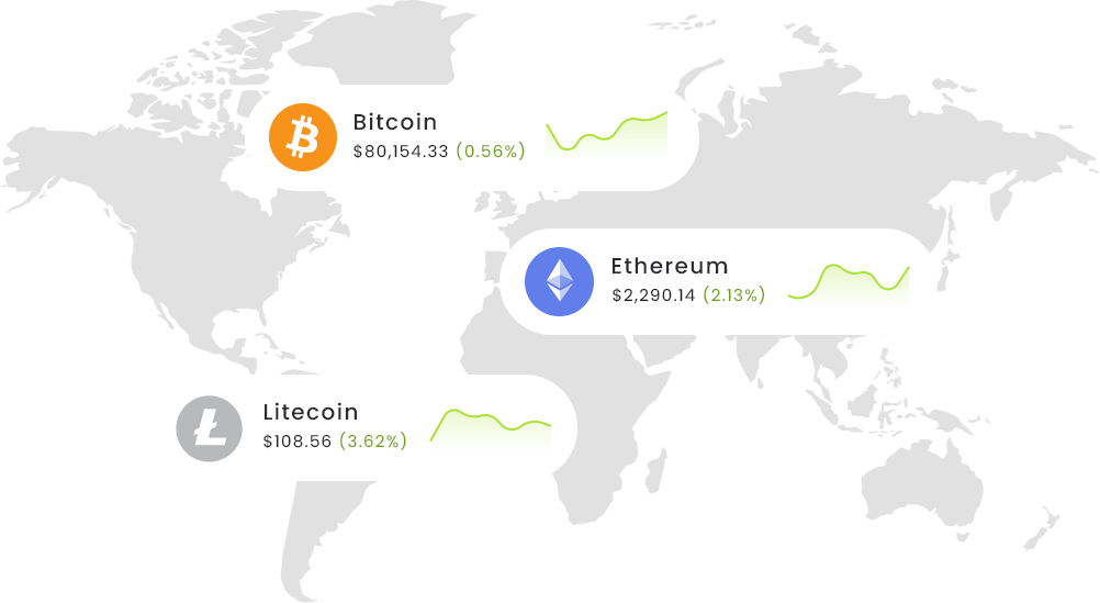 Cryptocurrency prices: Bitcoin, Ethereum, and Litecoin on map